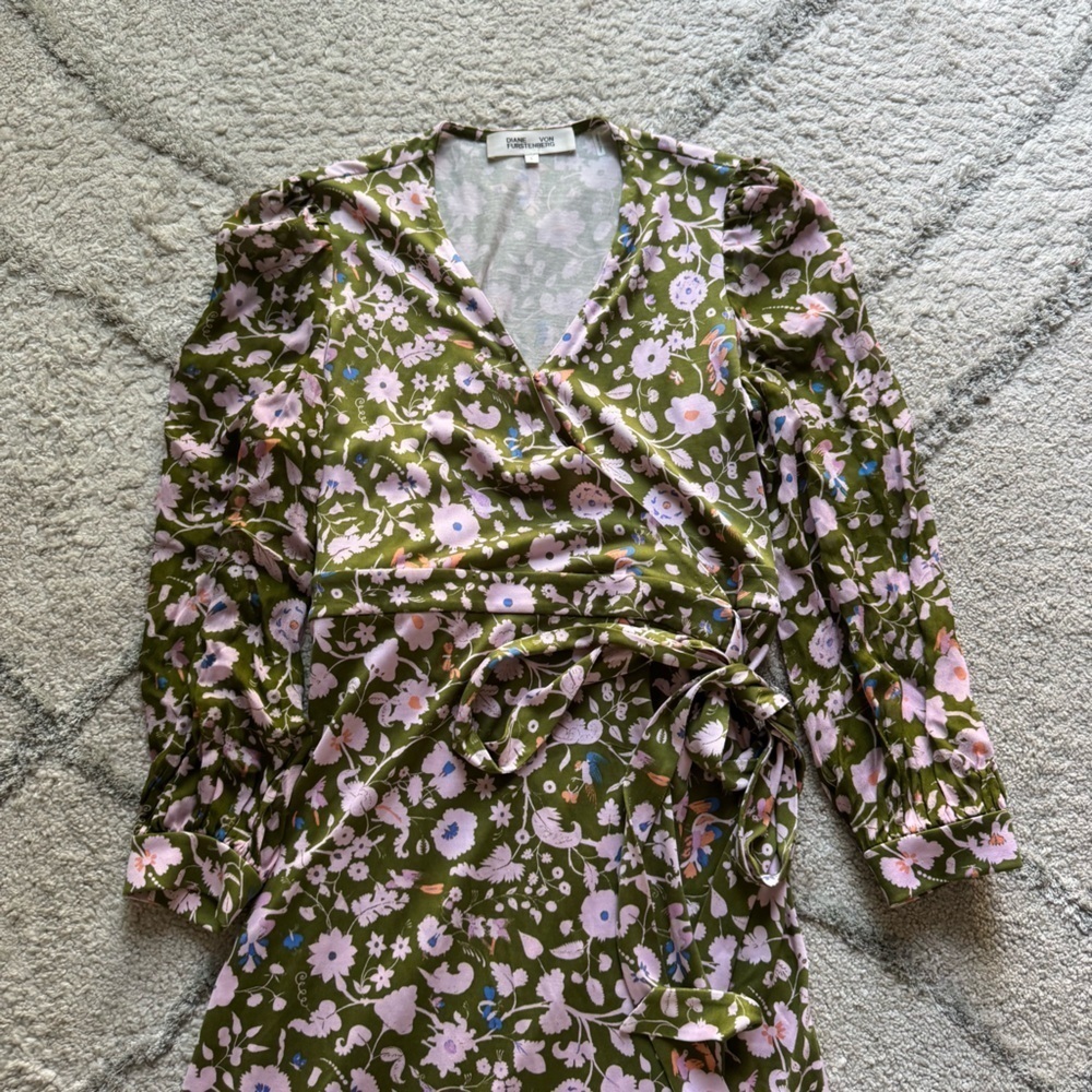 Diane von Furstenberg Gala Silk Jersey Mini Wrap Dress green pink large - Picture 12 of 16